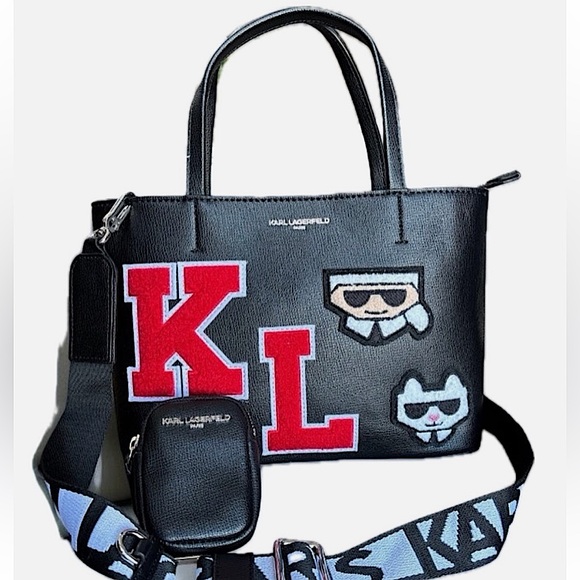 NWT Karl Lagerfeld Rare Large Black Tote Crossbody Bag with Fluffy Lettering - Picture 1 of 1